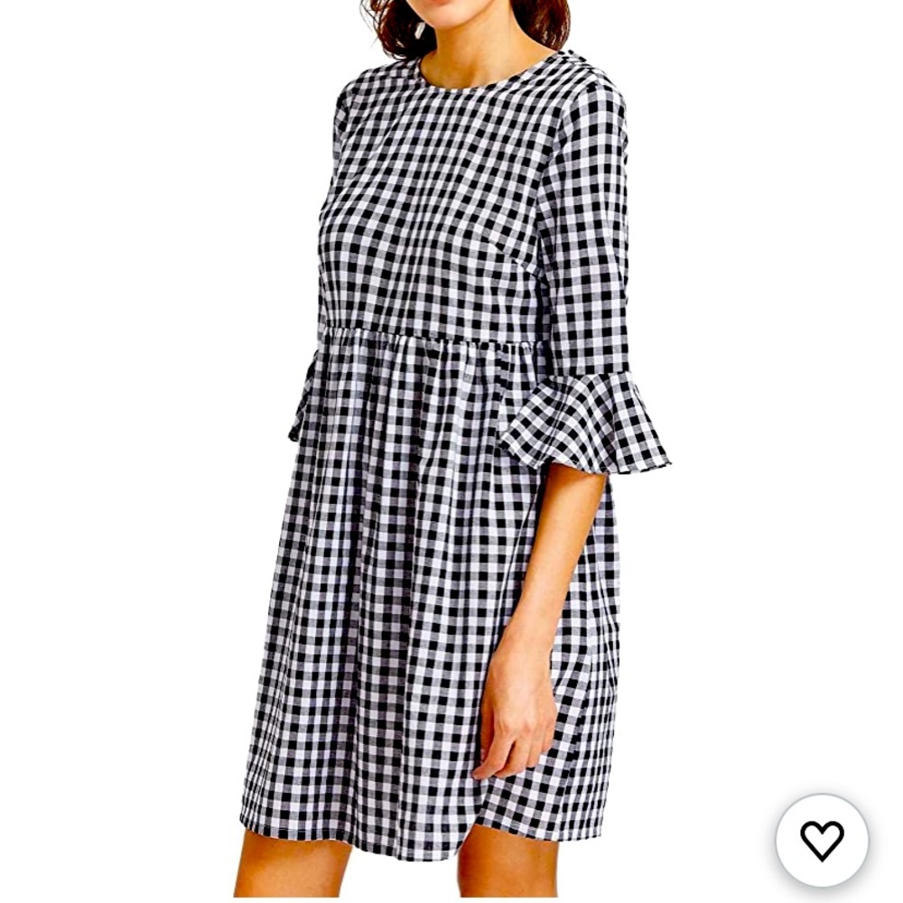 Gingham Toe Back Dress-Ruffle sleeve 3/4